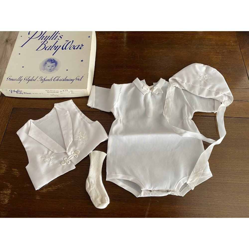 Phyllis Baby Wear Infant Boys‎ Christening Set Vest Romper Hat Vintage